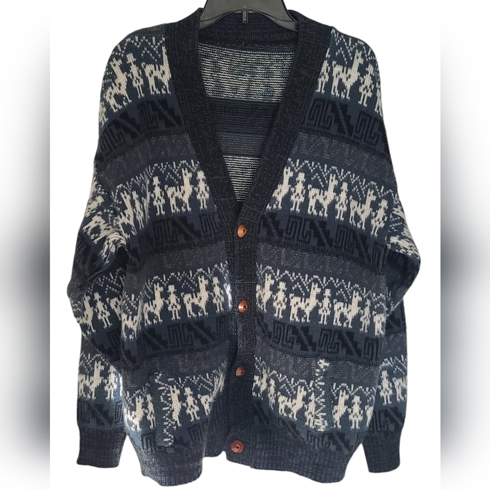 Men's Knit Cardigan Sweater with Pockets Lama Design NavY Blue White
